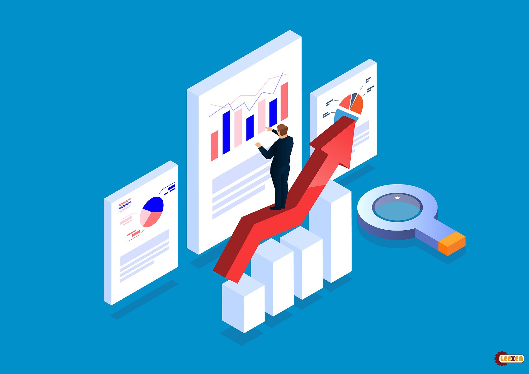 商人站在箭頭上分析頁面數(shù)據(jù).jpg