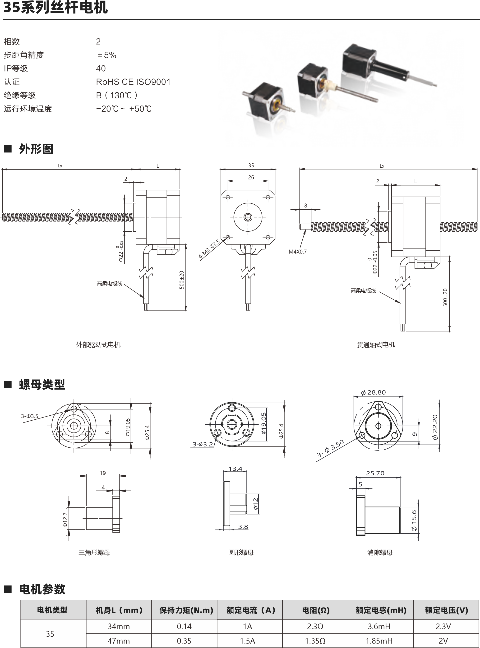 相數(shù)  步距角精度 IP等級  認證 絕緣等級 運行環(huán)境溫度 2 ±5％ 40 RoHS CE ISO9001 B（130℃） -20℃～ +50℃ 螺母類型 電機參數(shù) 28 34mm 0.06 1A 2.1Ω 1.4mH 2.1V 45mm 0.12 1A 3Ω 2.2mH 3V 51mm 0.18 1A 3.5Ω 3mH 3.5V 電機類型 機身L（mm） 保持力矩(N.m) 額定電流（A） 電阻(Ω) 額定電感(mH) 額定電壓(V)